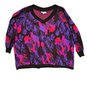 Vintage 80s Style V-Neck Dolman Sleeve Floral Sweater Colorful Pink Purple 5X